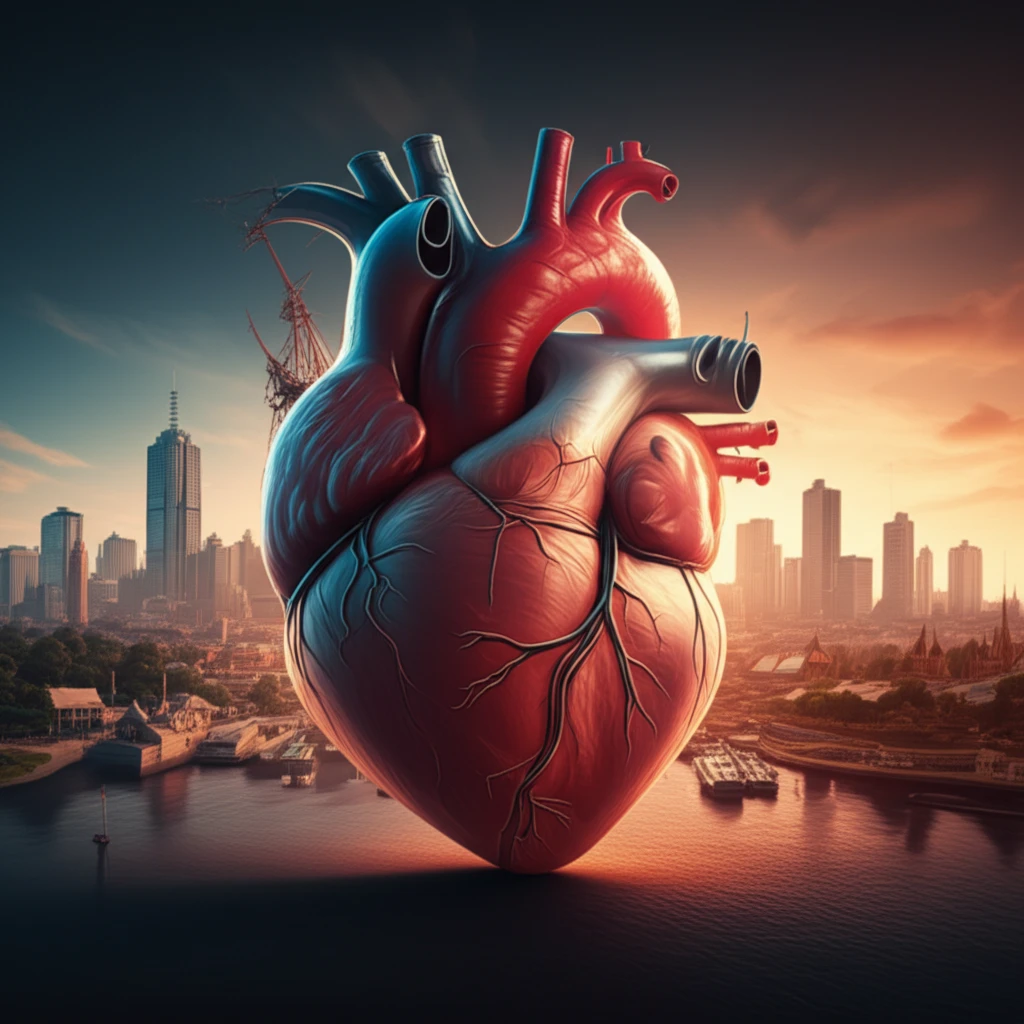 Heart interwoven with city skylines, representing global cardiovascular research.