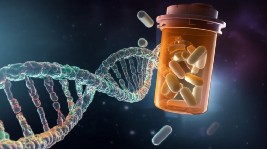DNA strand intertwined with a pill bottle, symbolizing personalized medicine.