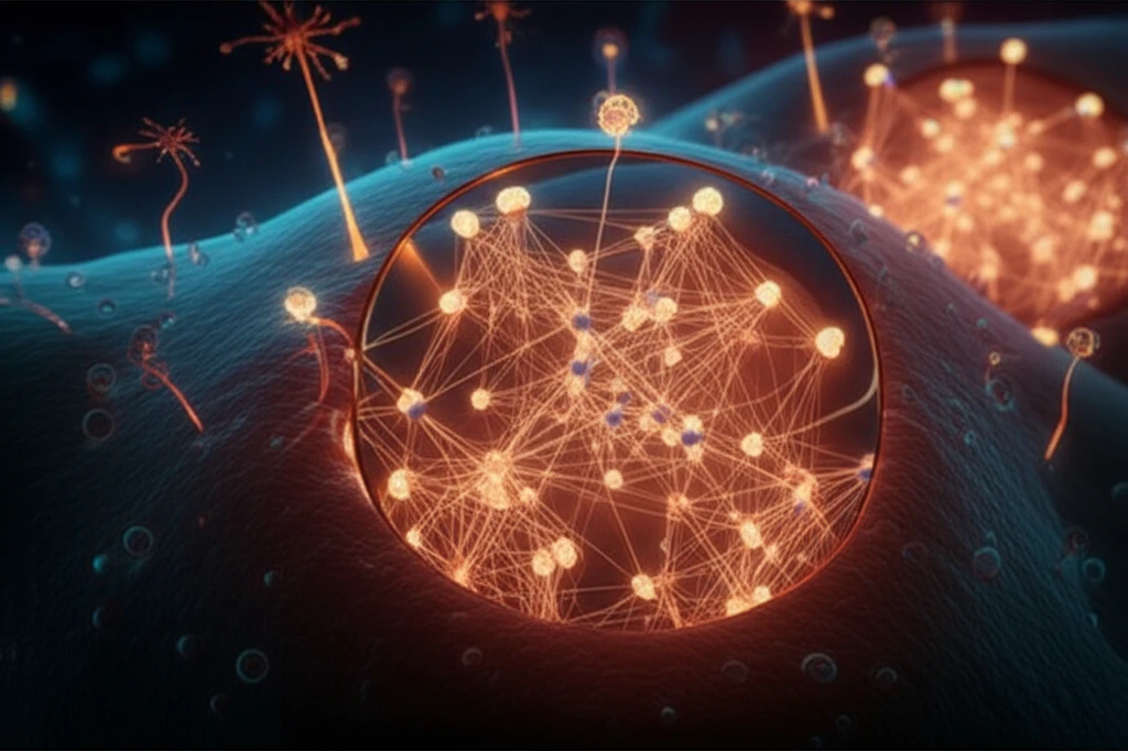 Interconnected genes lighting up within a cell, representing boosted immune response from interferon-gamma treatment in Chronic Granulomatous Disease.