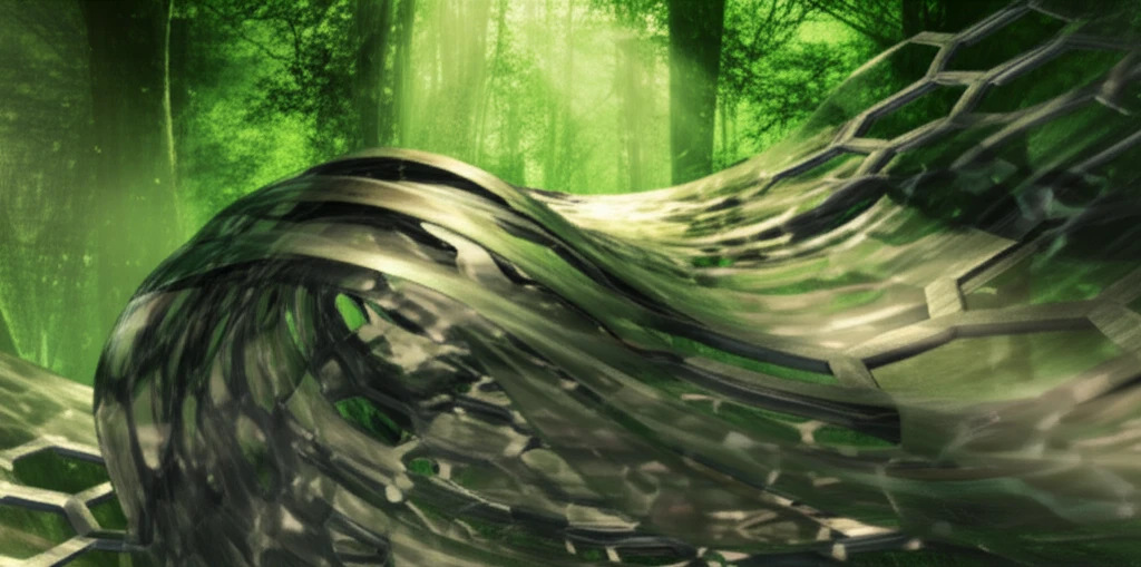 Foldable transparent film made of carbon polyhedra with lush green forest background, symbolizing sustainable energy.