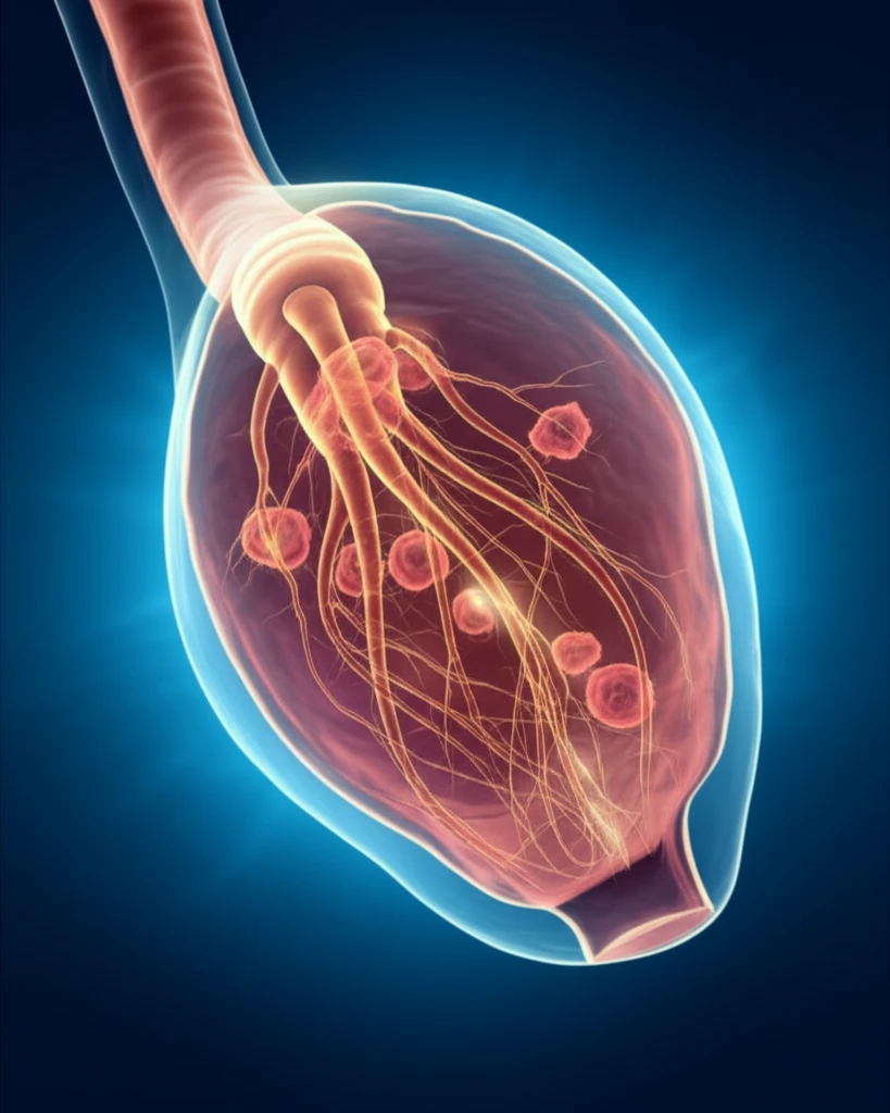 Illustration depicting bladder cancer cells being overtaken by angelica sinensis roots.