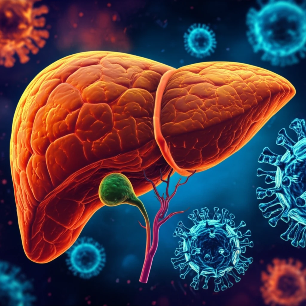 Microscopic view of Hepatitis C virus infecting a liver.