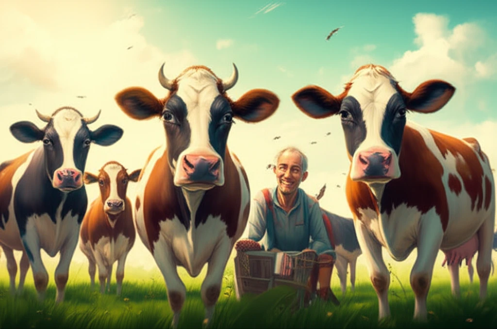 Happy, healthy cows grazing in a lush pasture, symbolizing animal welfare on a dairy farm.