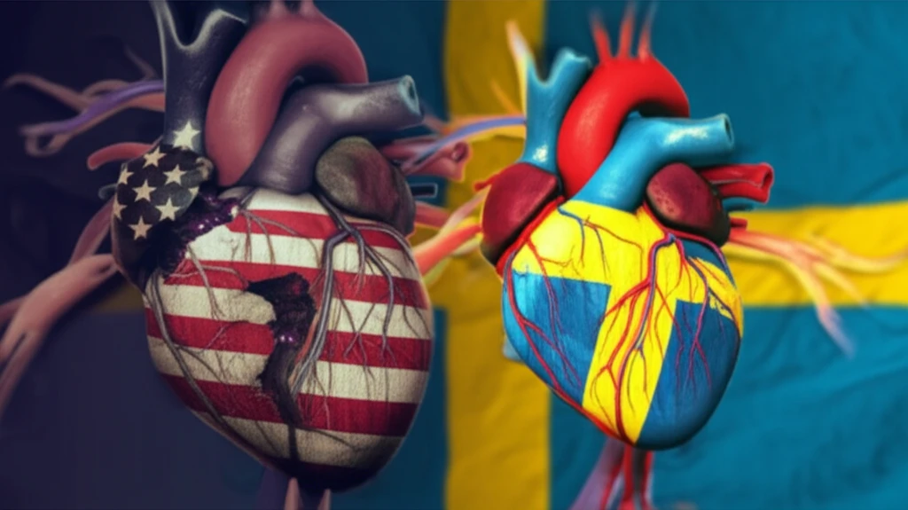 A visual representation contrasting heart health risks between US and Swedish smokeless tobacco users.