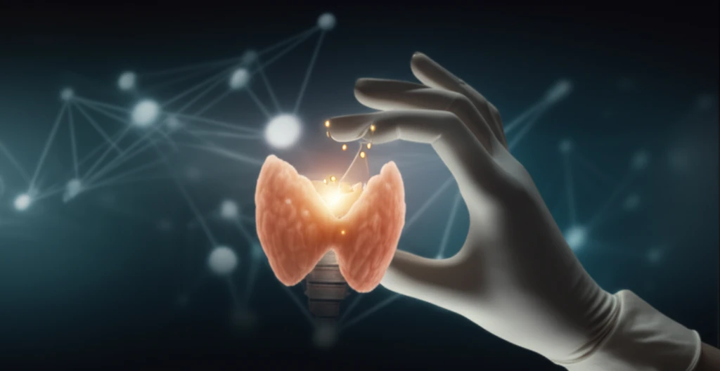 Surgical hand removing lymph nodes from thyroid gland.