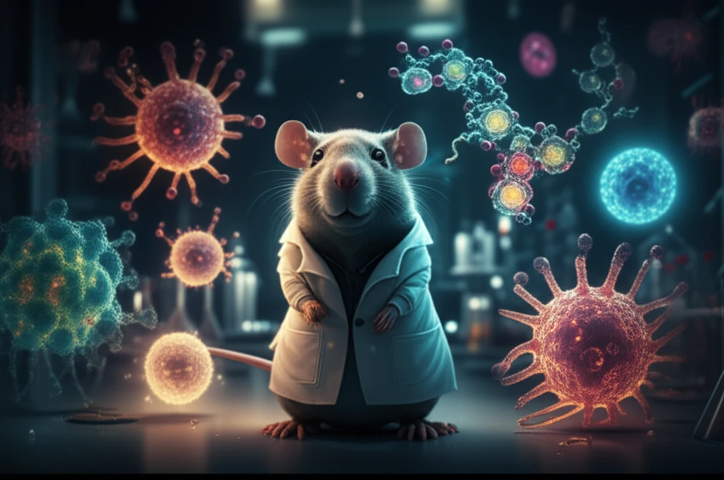 Illustration of a rat in a lab coat surrounded by immune cells and beta-glucan structures, symbolizing immune support.
