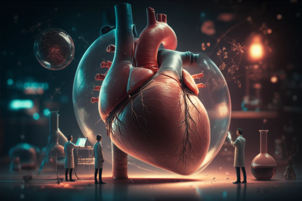 Heart encased in a protective bubble, symbolizing scientific research into heart protection.
