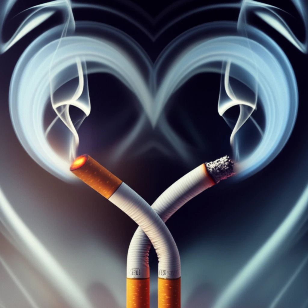 Two cigarettes intertwined, one extinguishing, smoke heart backdrop