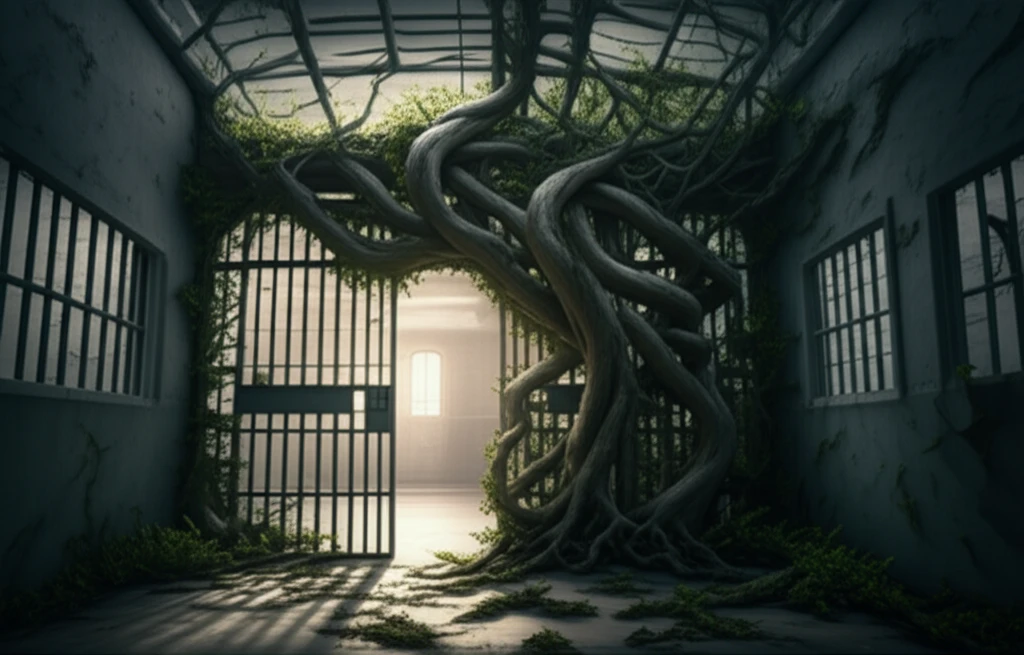 Surreal image representing mental health challenges in prisons, depicting intertwined vines as prison bars.