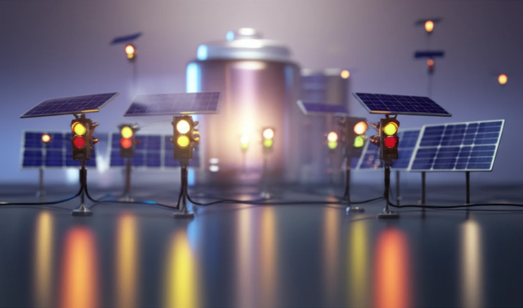 Solar traffic lights powered by solar panels and battery backup.