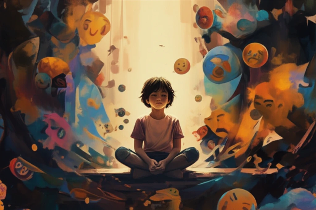 Surreal illustration of a child surrounded by anxieties.