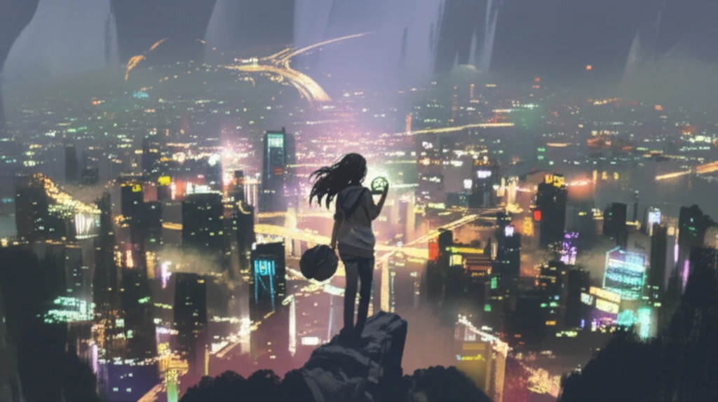 Young woman traveler overlooking a cityscape with compass, symbolizing travel and sexual health choices.