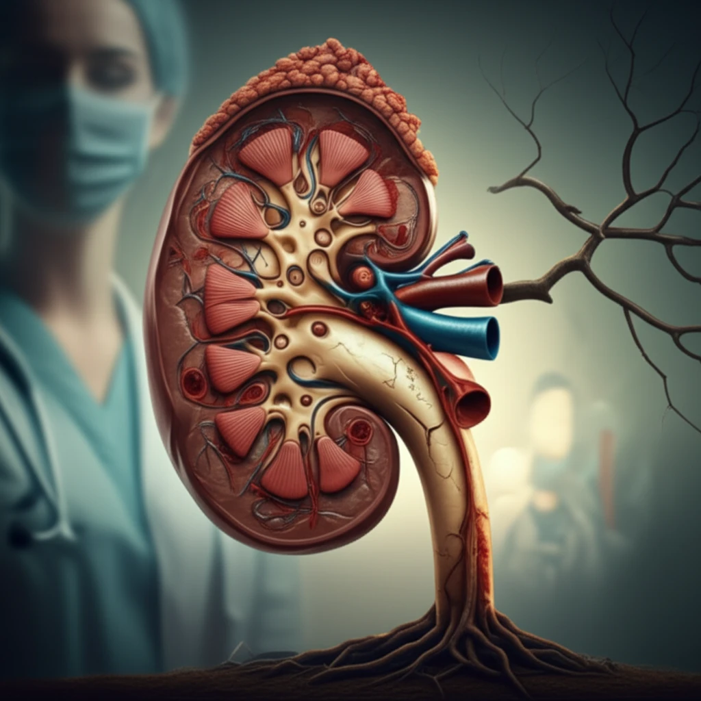 Surreal illustration of damaged kidney symbolizing TMA risk with Alemtuzumab treatment.