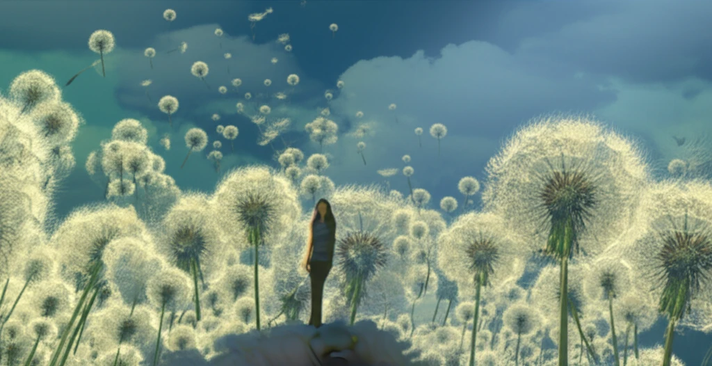 Glowing dandelion seeds surrounding a person, symbolizing protection from oxidative stress.