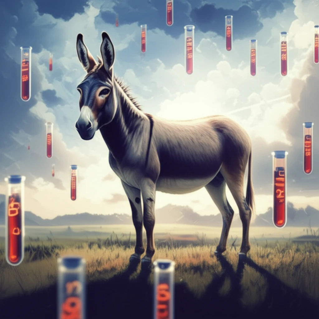 Surreal illustration of Pêga donkey in serene landscape with floating blood test tubes representing biochemical health.