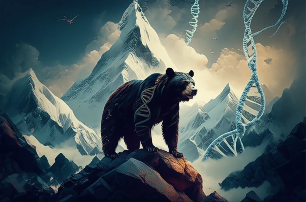 Himalayan black bear in Annapurna, Nepal, with DNA strands integrated into the landscape.