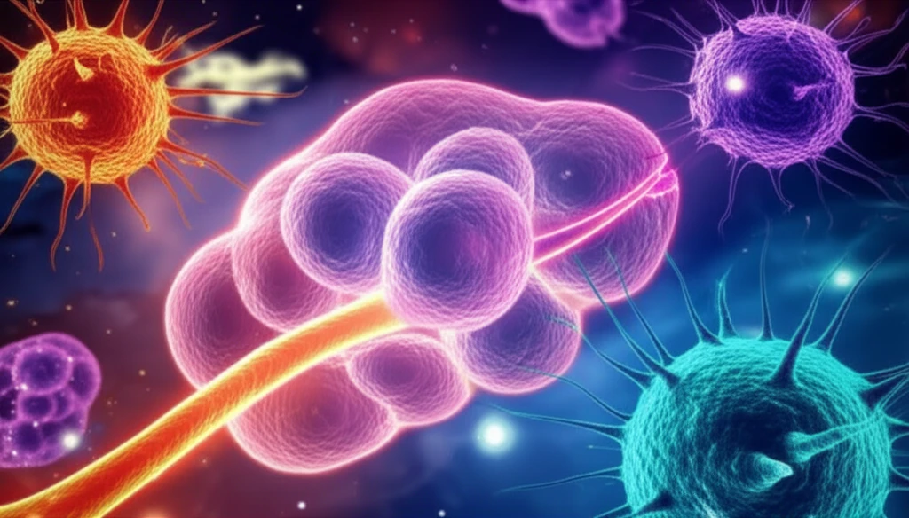 Microscopic view of pancreatic cells being intercepted by immune cells