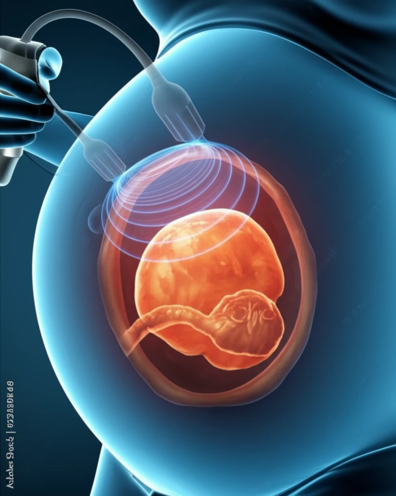Illustration of focused ultrasound targeting a placenta.