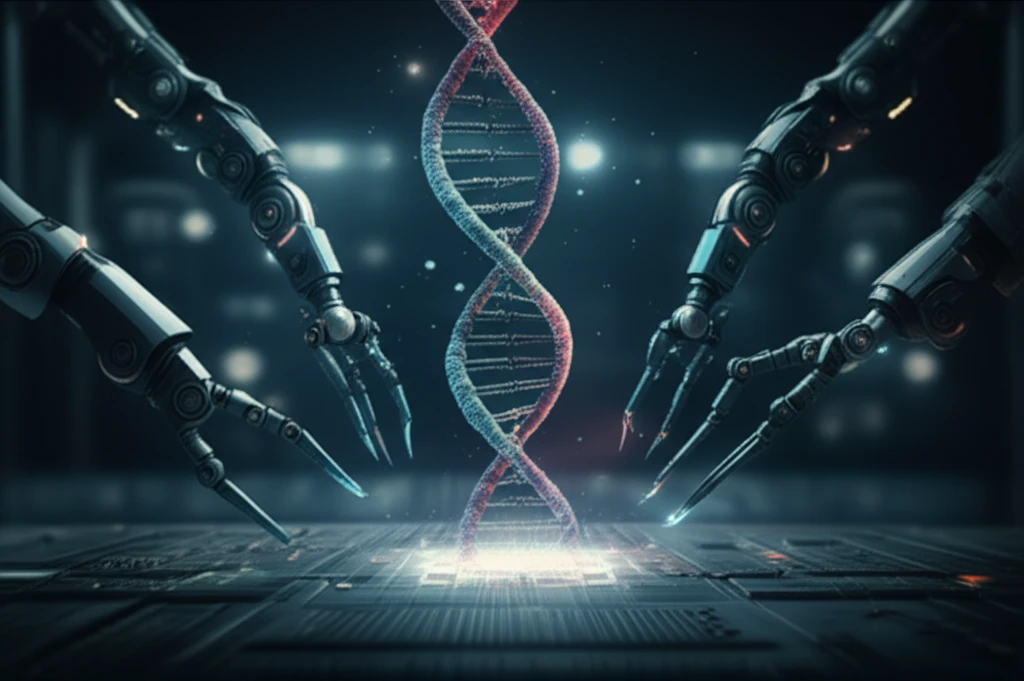 Futuristic illustration of DNA manipulation with magnetic tweezers and nanopore technology.