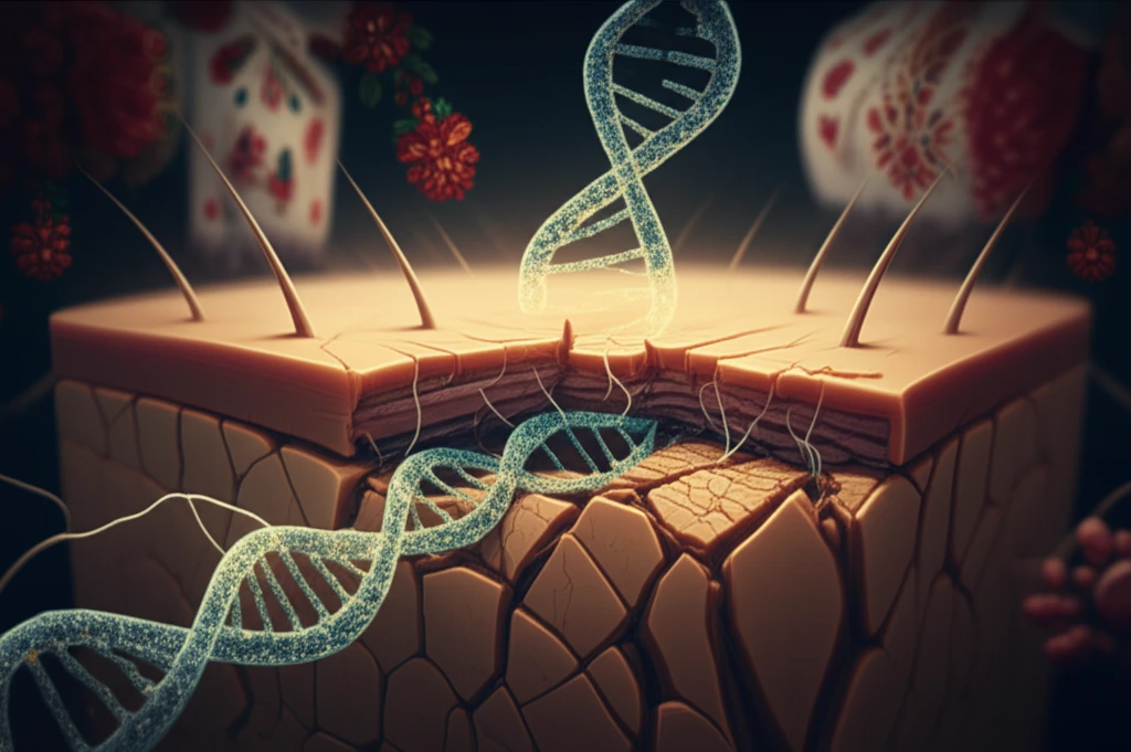 Illustration of a damaged skin barrier being repaired by DNA, representing genetic research on atopic dermatitis.