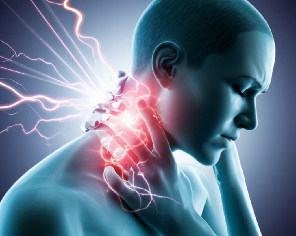 Surreal illustration of neck pain with laser and electrical symbols