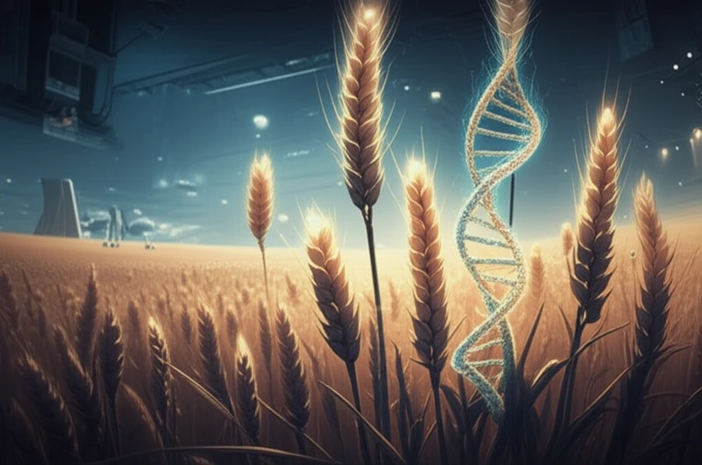 Wheat stalks glowing with genetic data symbolize the potential for increased yields through genetic research.
