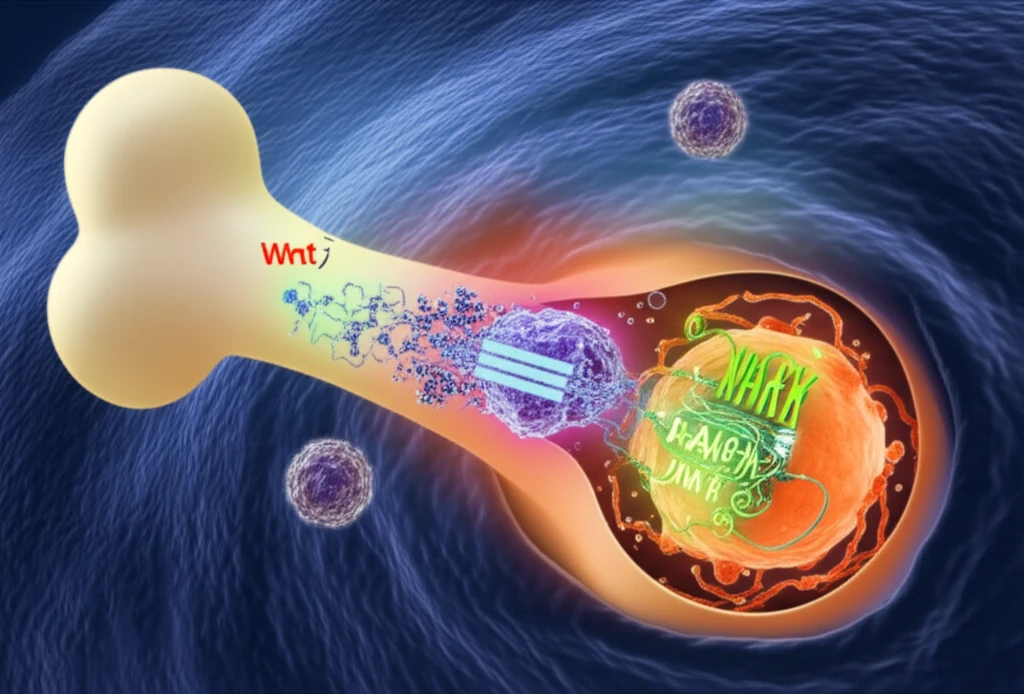 Surreal illustration of Wnt1 influencing cancerous bone cell transformation.