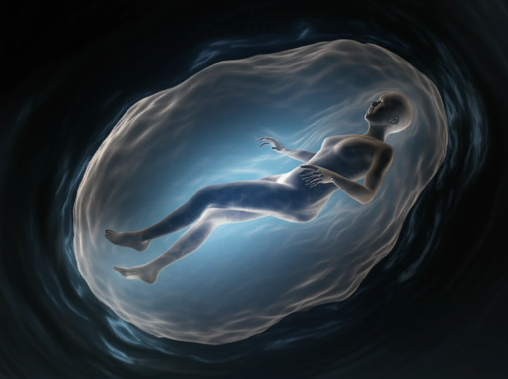 Person floating weightlessly in dark liquid, cocooned in transparent film.