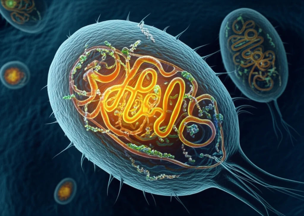 Microscopic view of a malaria parasite cell with a glowing apicoplast maze.