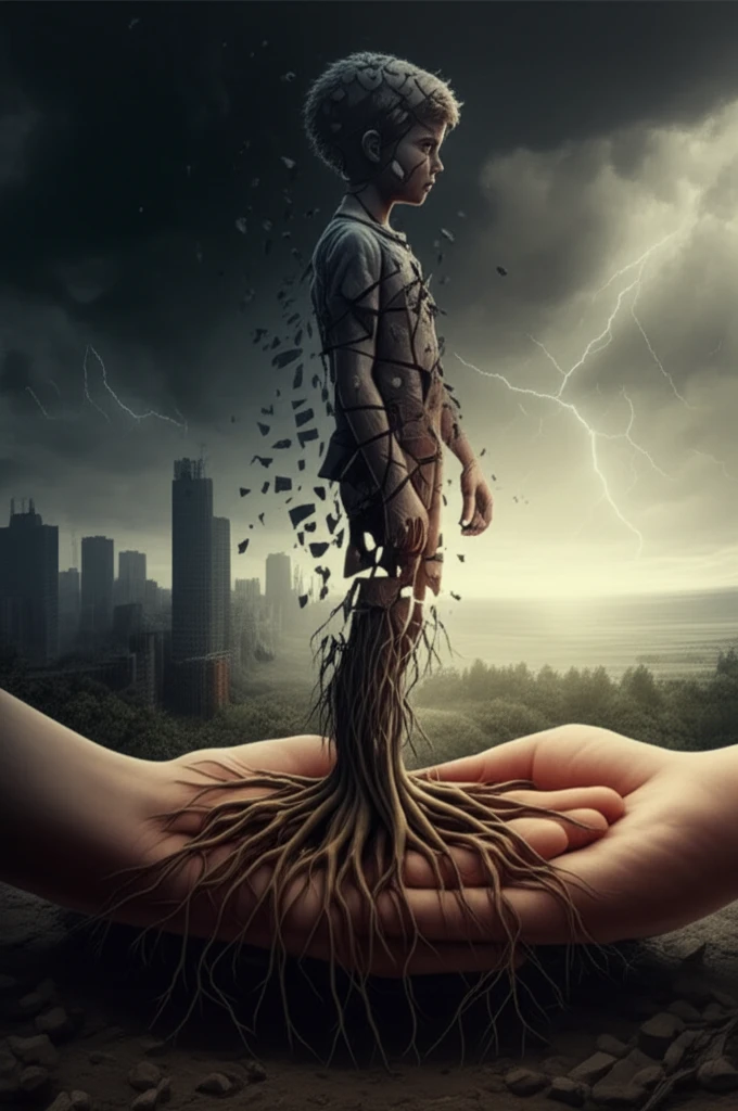 Fractured teen silhouette transitioning to serenity, symbolizing overcoming trauma through secure attachment.