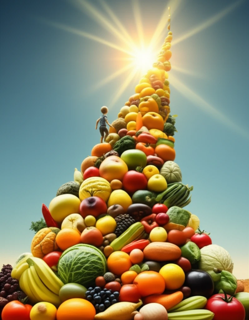 Child climbing a healthy food staircase.