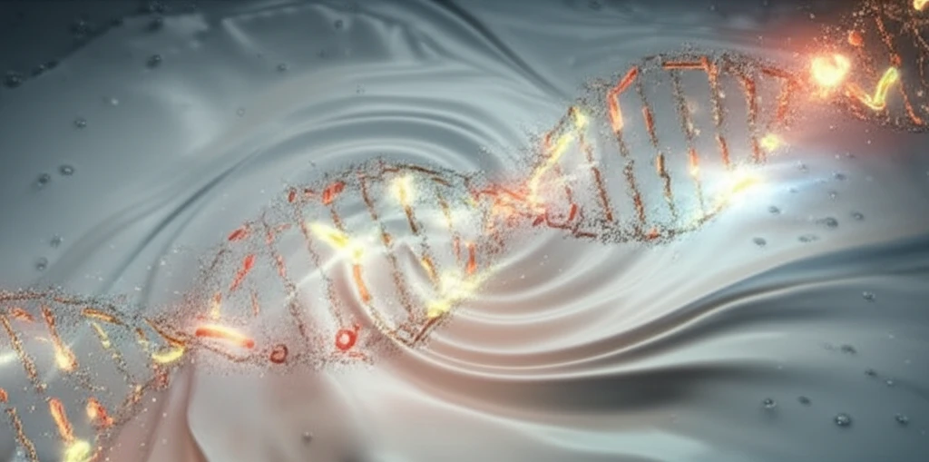 Microscopic view of milk with glowing bacteria forming a DNA helix, representing mastitis detection.