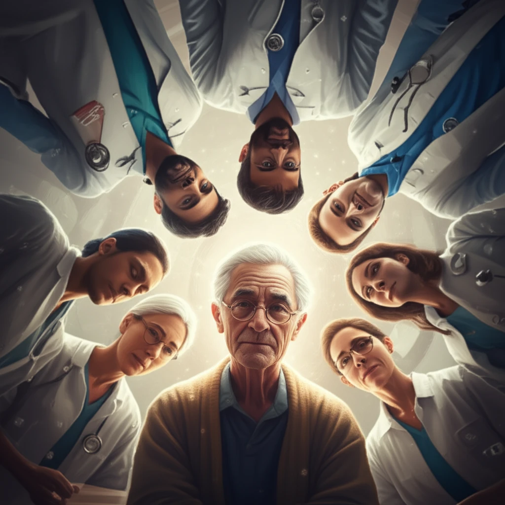 Healthcare professionals and students surrounding a wise elder, symbolizing respect in elderly care.
