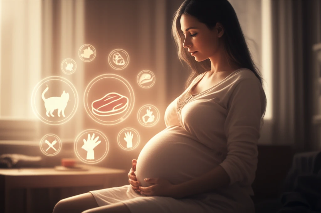 A pregnant woman surrounded by informational symbols about toxoplasmosis in a calming atmosphere.
