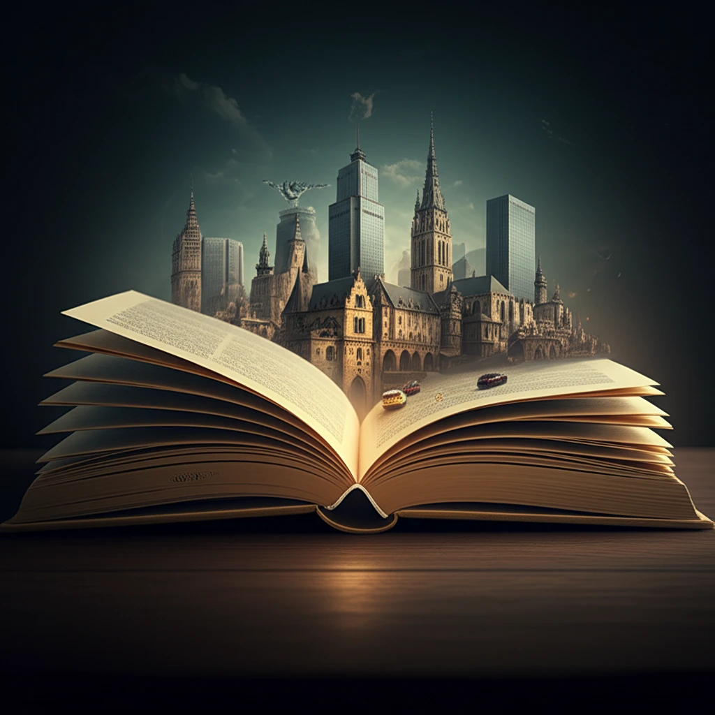 Surreal illustration of an open book revealing a cityscape, symbolizing the timeless wisdom of Aquinas.