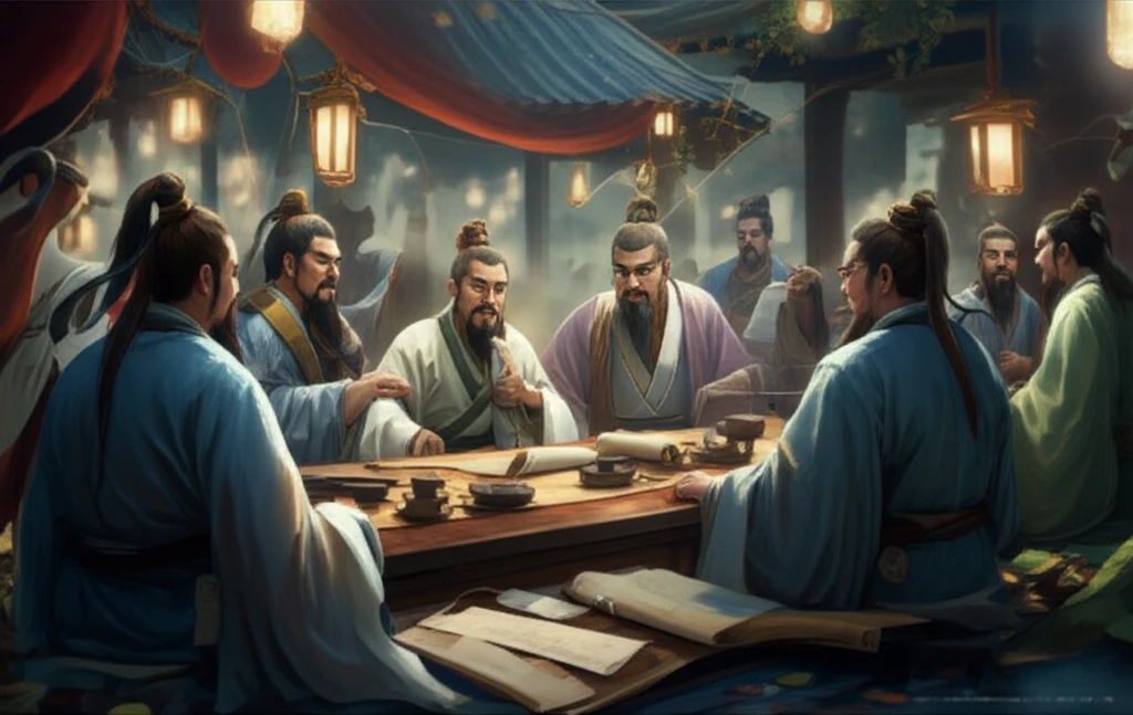Tang Dynasty scholars exchanging ideas in a garden.