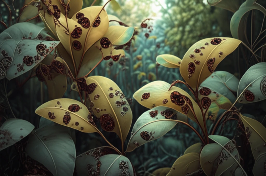 Illustration of Aspergillus leaf spot disease affecting plants in a garden.