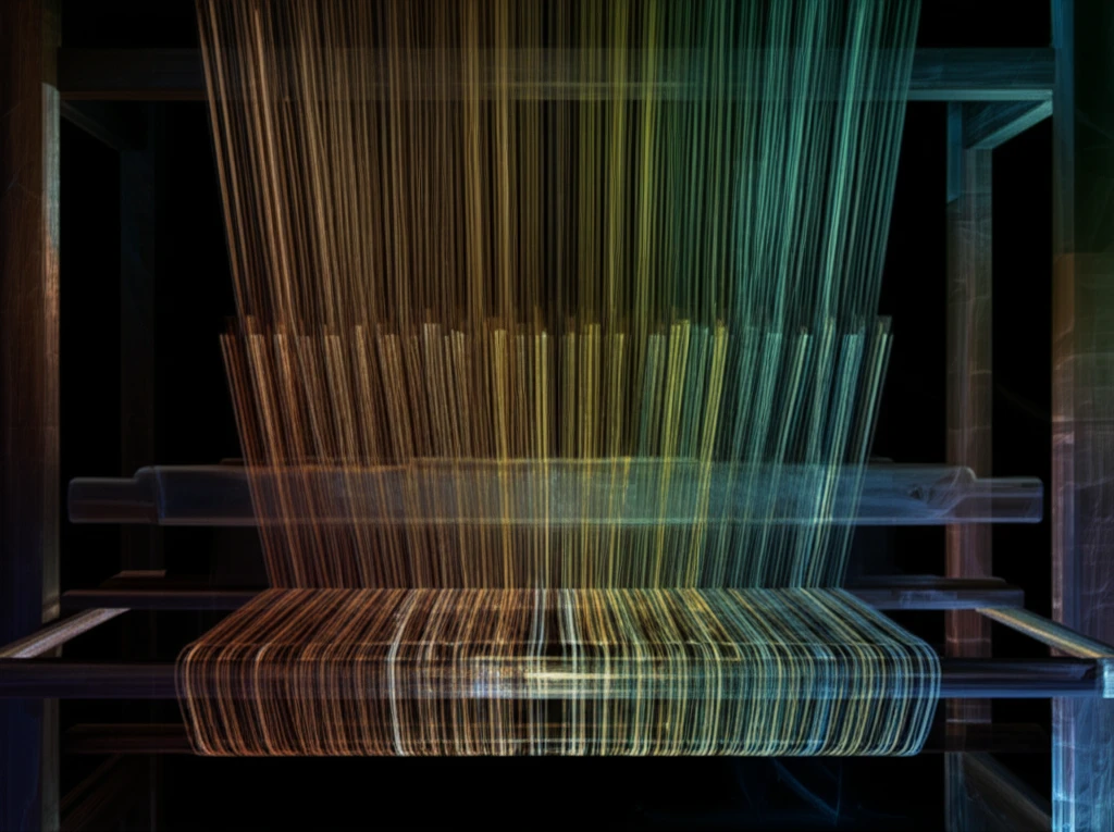 Loom weaving fabric with glowing warp and weft yarns, symbolizing perfect tension.