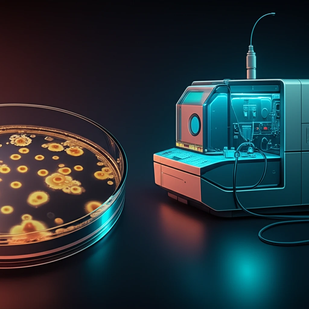 Candida colonies in a petri dish, with a flow cytometry machine in the background
