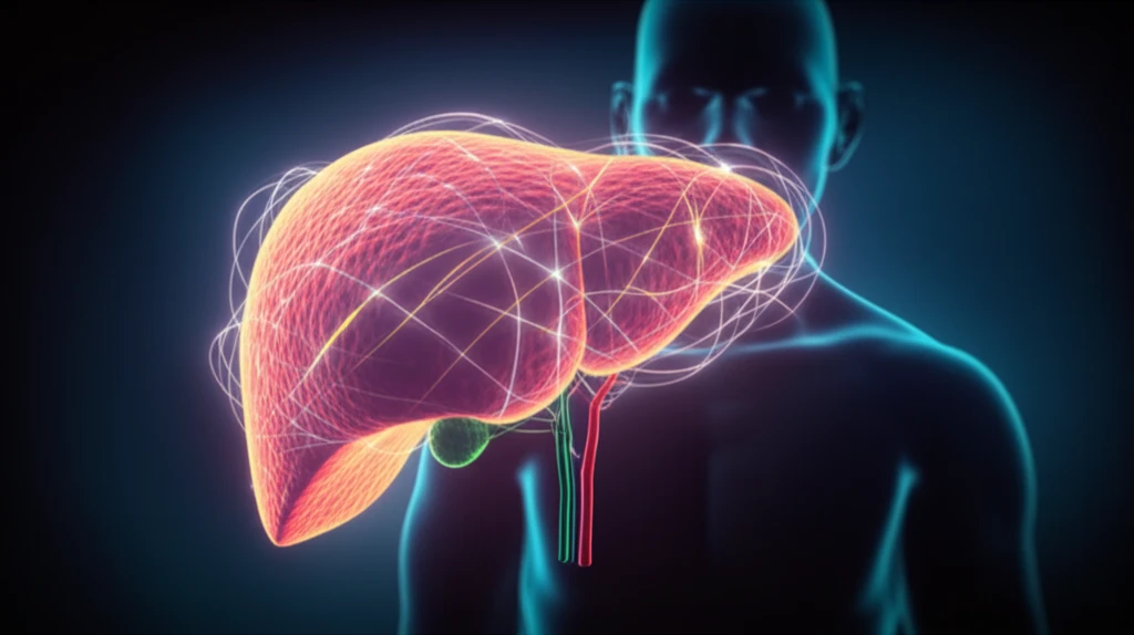 Surreal illustration of liver cancer recurrence influenced by Midkine.