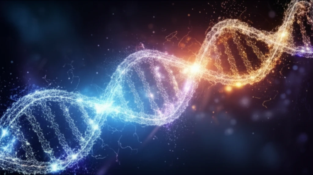 Glowing DNA strand with light particles representing metabolic processes.