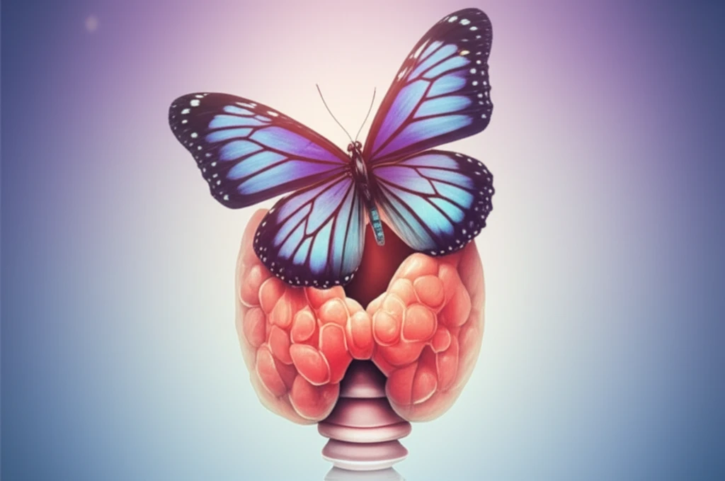 Butterfly emerging from thyroid gland, representing thyroid cancer transformation.