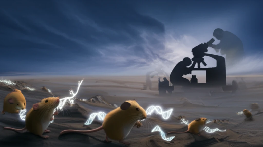 Surreal illustration of Qinghai plateau with voles and pikas carrying DNA strands, representing Echinococcus multilocularis research.