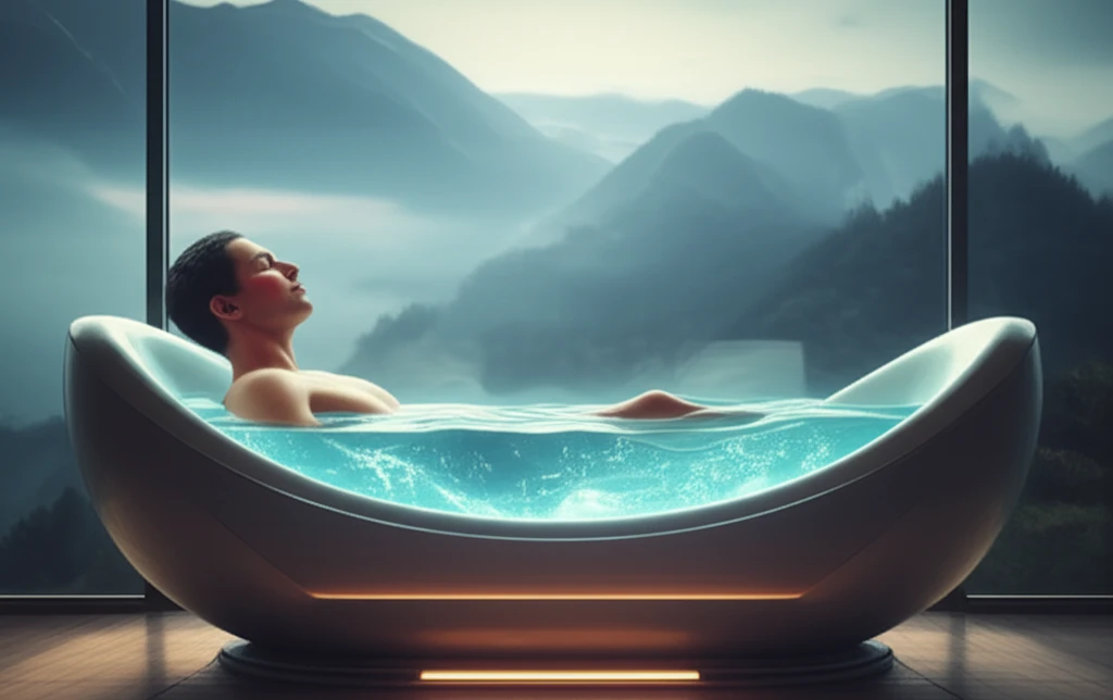 Person relaxing in a hydrogen-infused bath after a run.