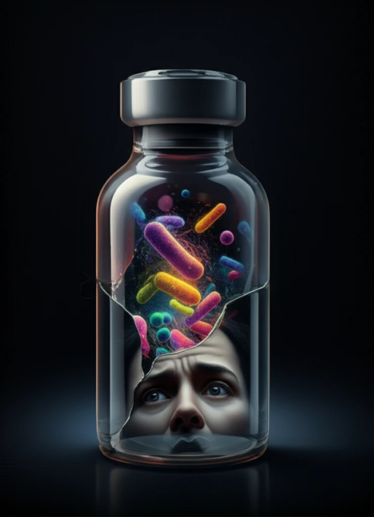 Surreal illustration of a cracked medical vial representing a breach in infection control.
