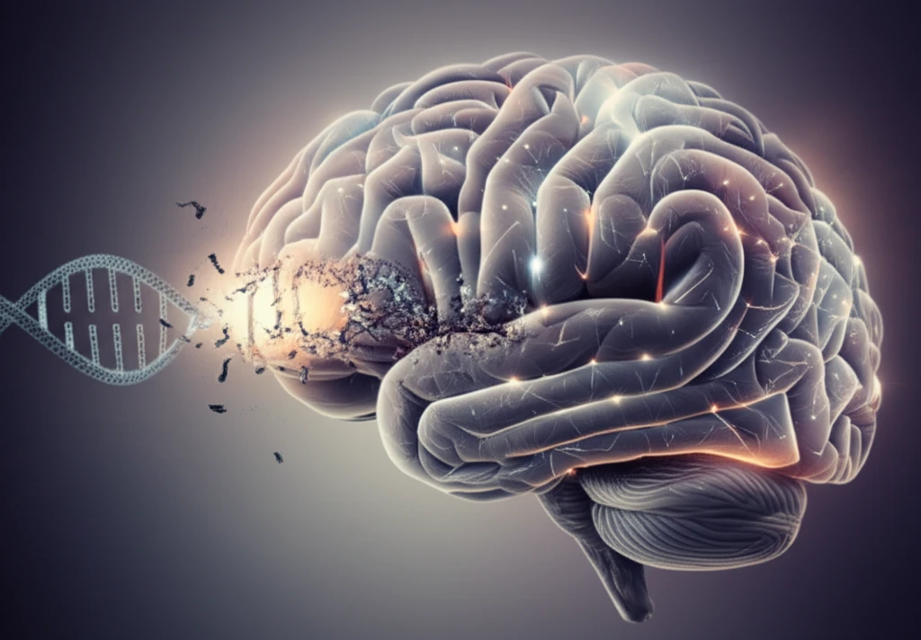 Illustration of disrupted brain circuits due to a broken gene strand, representing autism research.