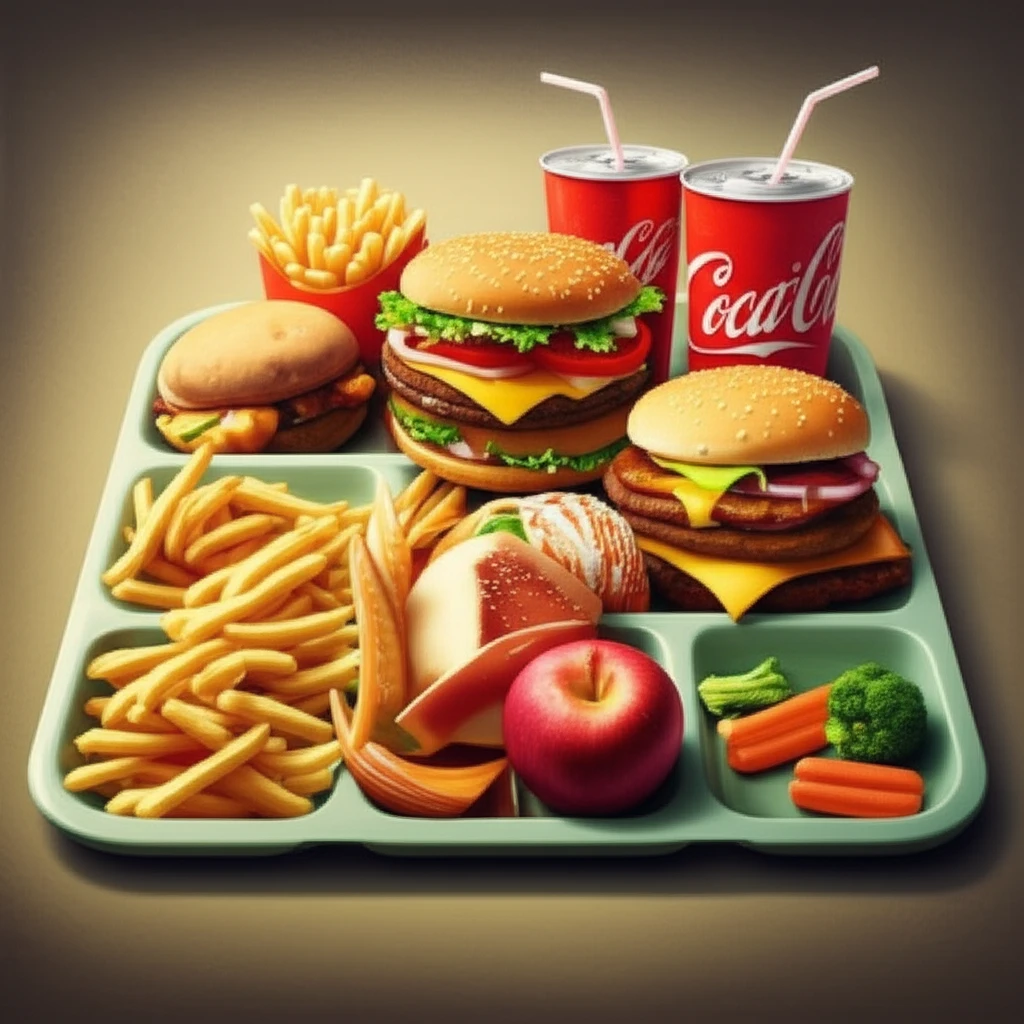 School lunch tray with an imbalance of fast food and healthy options.