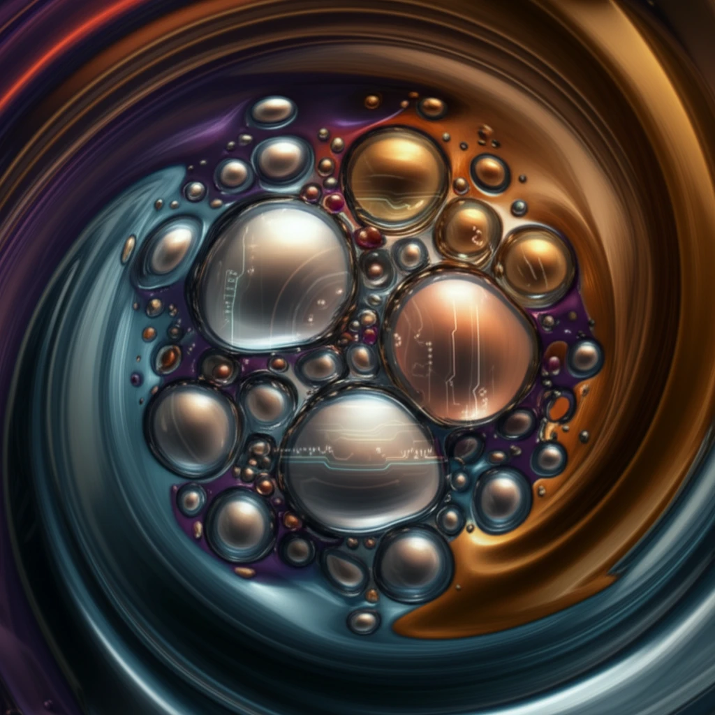 Metallic droplets separating within a liquid, visualized with synchrotron technology.