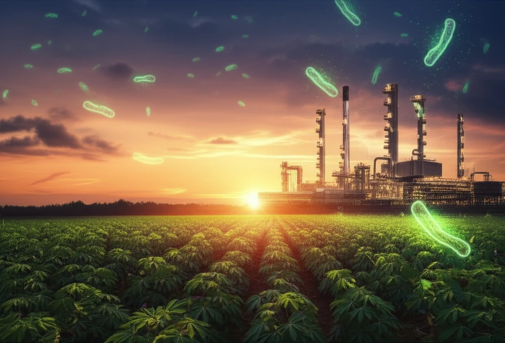 Cassava field transforming into a biofuel refinery, symbolizing sustainable energy.