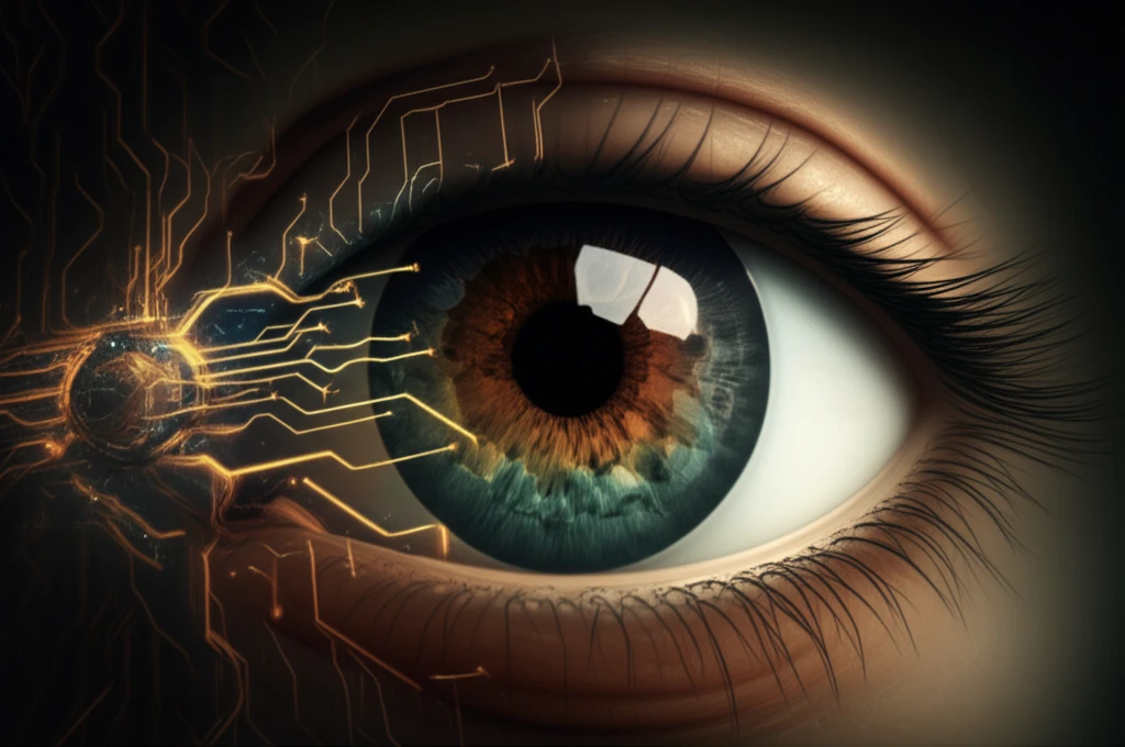 Digital illustration of a stylized human eye with retinal blood vessels transforming into a digital circuit board, symbolizing diabetic retinopathy screening.